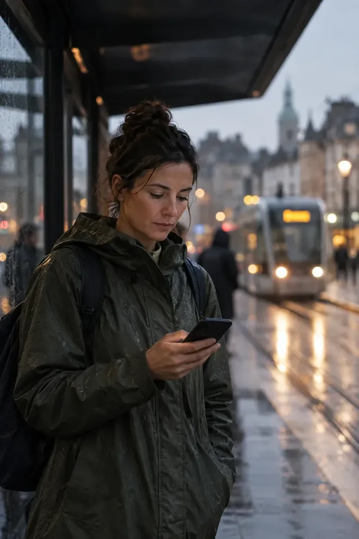 A woman at a tram stop in light rain reading an official alert on her phone