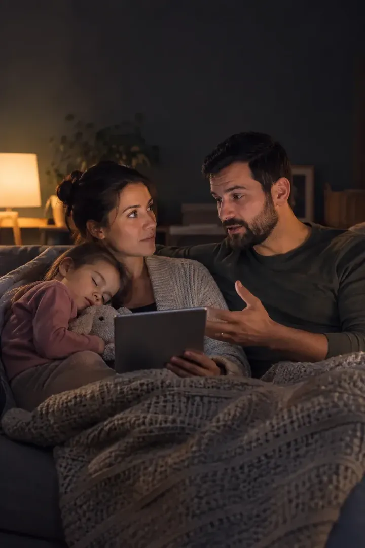 A couple on a sofa in the evening going through a family emergency plan on a tablet