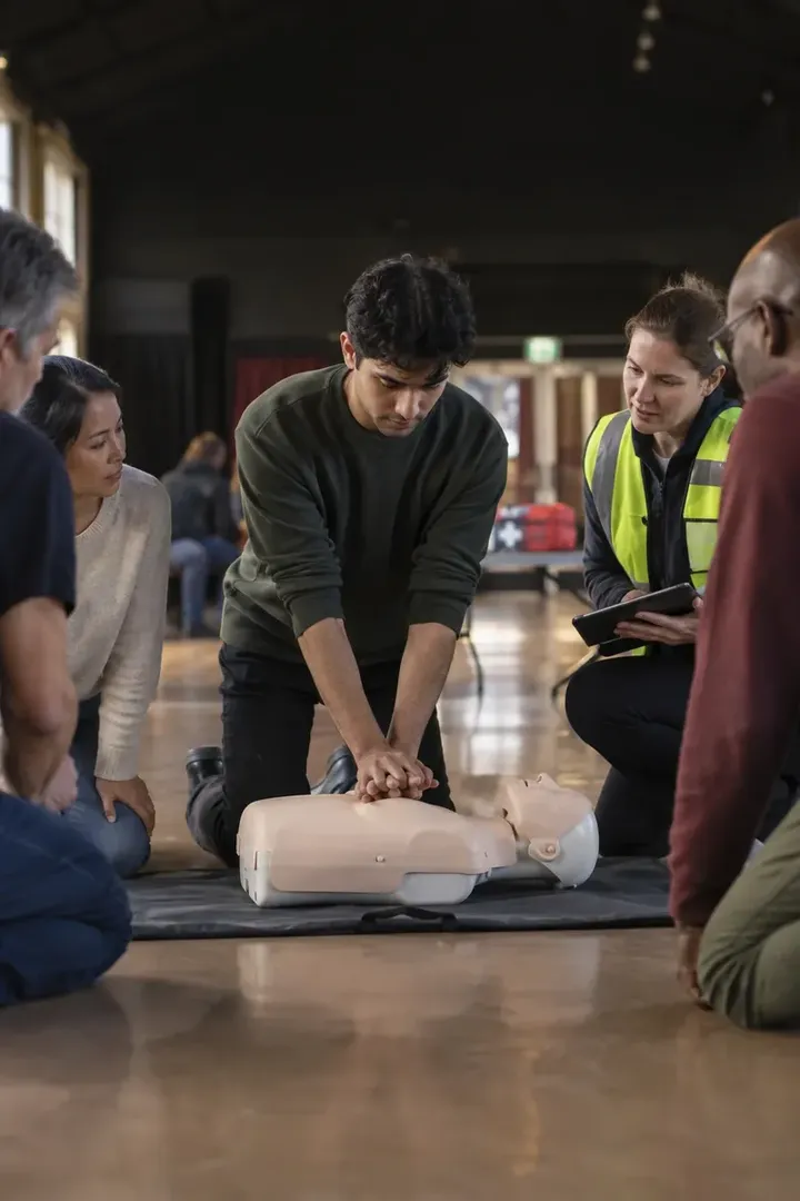 A community-hall first aid session with a man practising chest compressions on a training mannequin